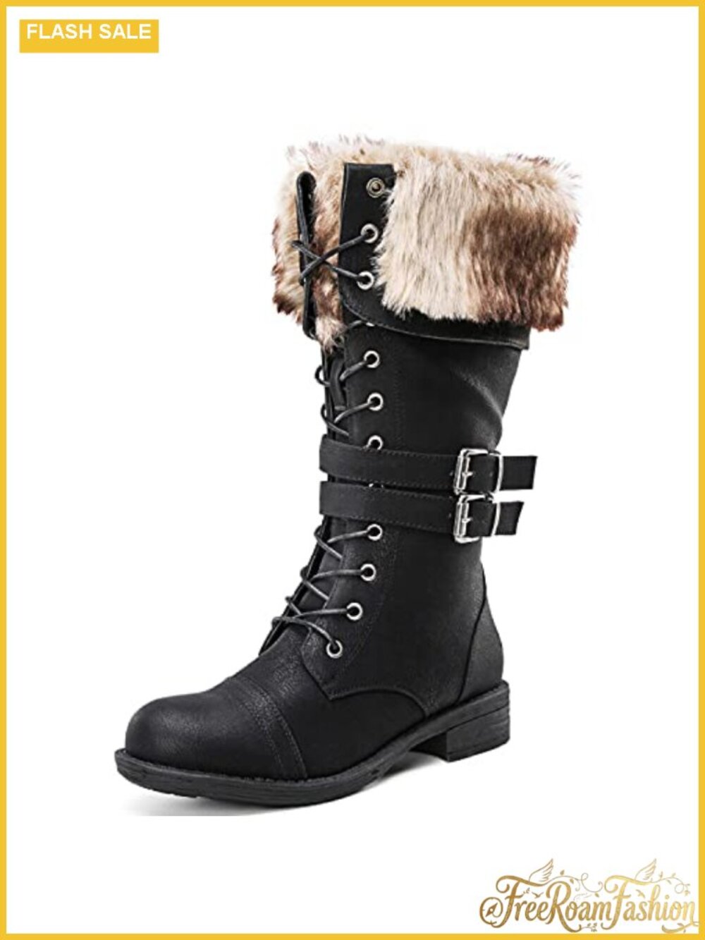Faux Leather Tall Lace-Up Combat Boots Faux Fur Cuff Knee-High
